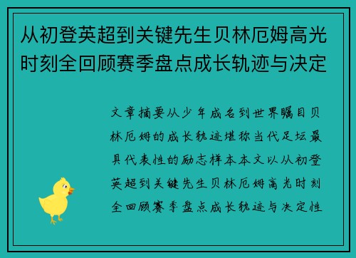 从初登英超到关键先生贝林厄姆高光时刻全回顾赛季盘点成长轨迹与决定性瞬间集锦